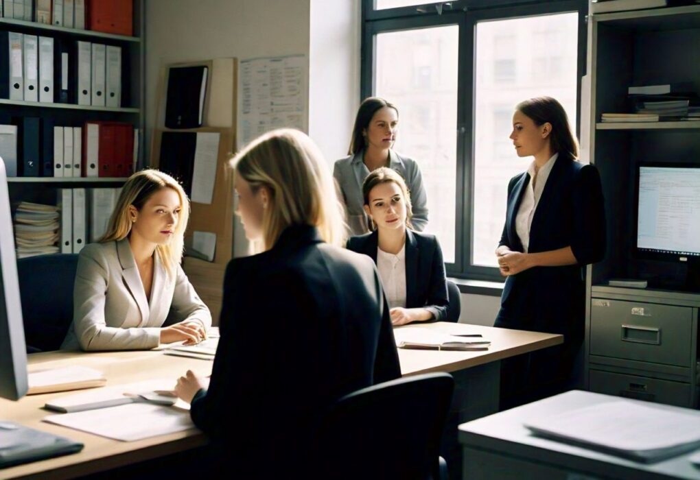 a group of women in an office and coworkers