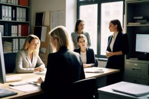 a group of women in an office and coworkers